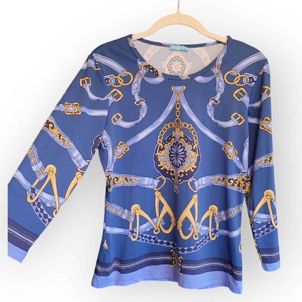 J McLaughlin Catalina Blue Gold Chainlink Stretch Top Small 3/4 Sleeve Classic - Picture 3 of 11